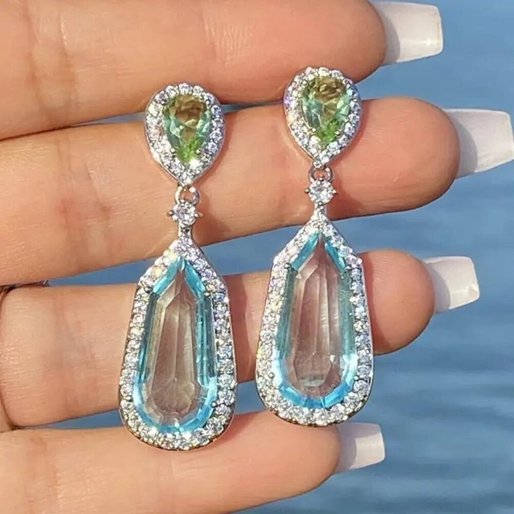Ocean Blue and Green Elegant Drop Crystal Earrings - Picture 3 of 3